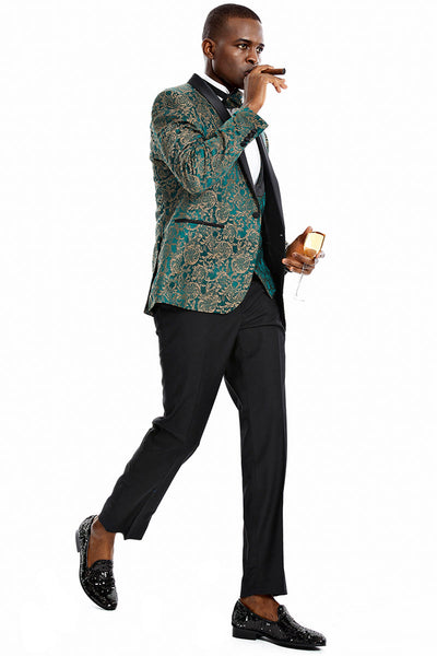 "Green & Gold Paisley Men's One Button Vested Shawl Tuxedo for Prom 2026 & Wedding"