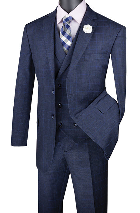 Venetian Collection - Navy Regular Fit Glen Plaid 2 Button 3 Piece Suit - Navy