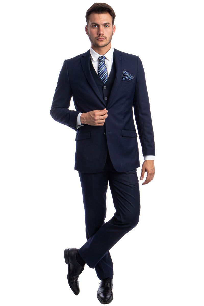 "Men's Navy Blue Hybrid Fit Vested Suit - Two Button Basic"