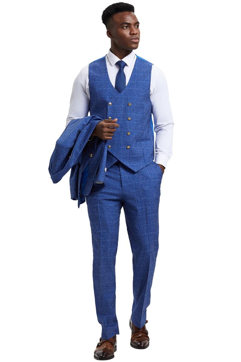 Men's Stacy Adams Peak Lapel Suit with Double Breasted Vest in Blue Windowpane Plaid - 38 Regular
