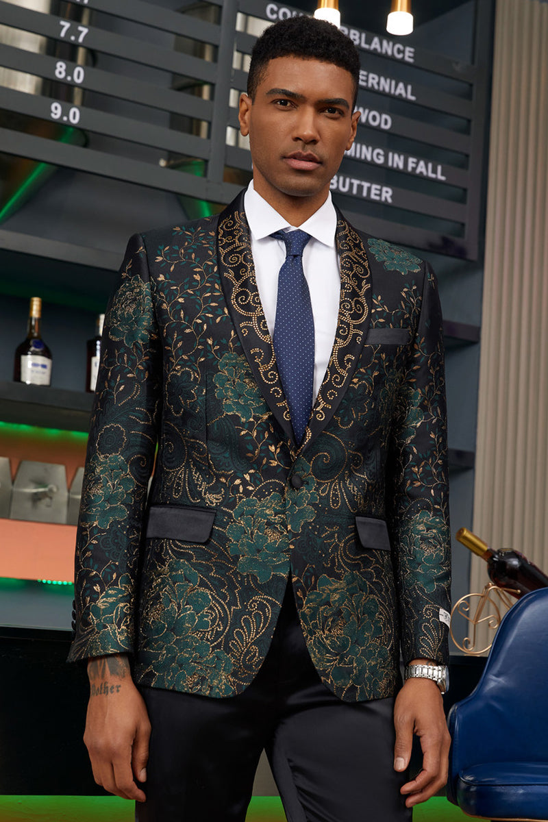 "Stacy Adams Men's Designer Tuxedo Jacket - Prom 2025 & Wedding, Green & Gold Floral Paisley" - XS
