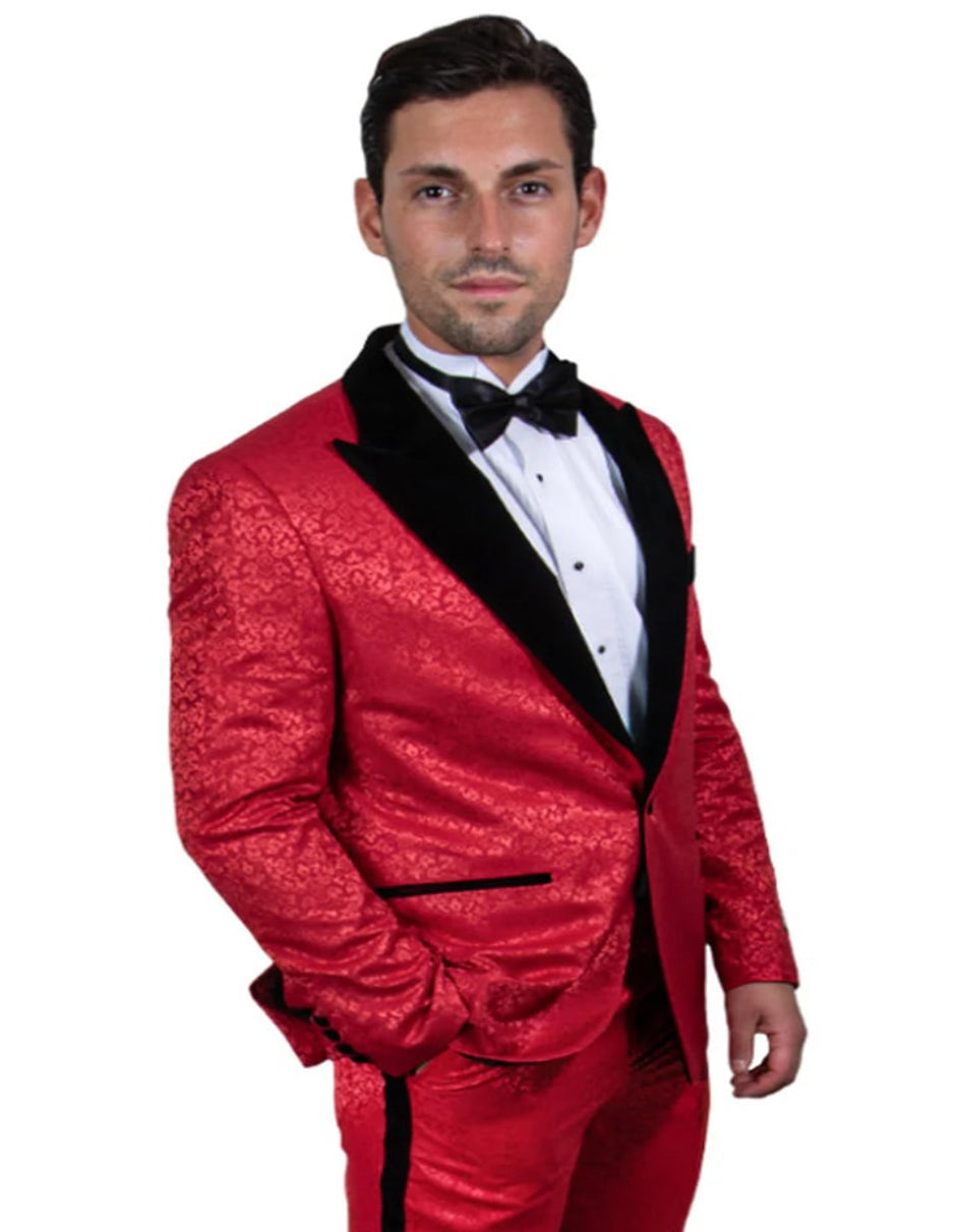 Men's Stacy Adams Paisely Prom 2025 & Wedding Tuxedo In Red & Black - 38 Short Jacket+32 Waist Adjustable 28to34)(Height: 5 4 to5 7 )(Neck 15-16.5)S-M)