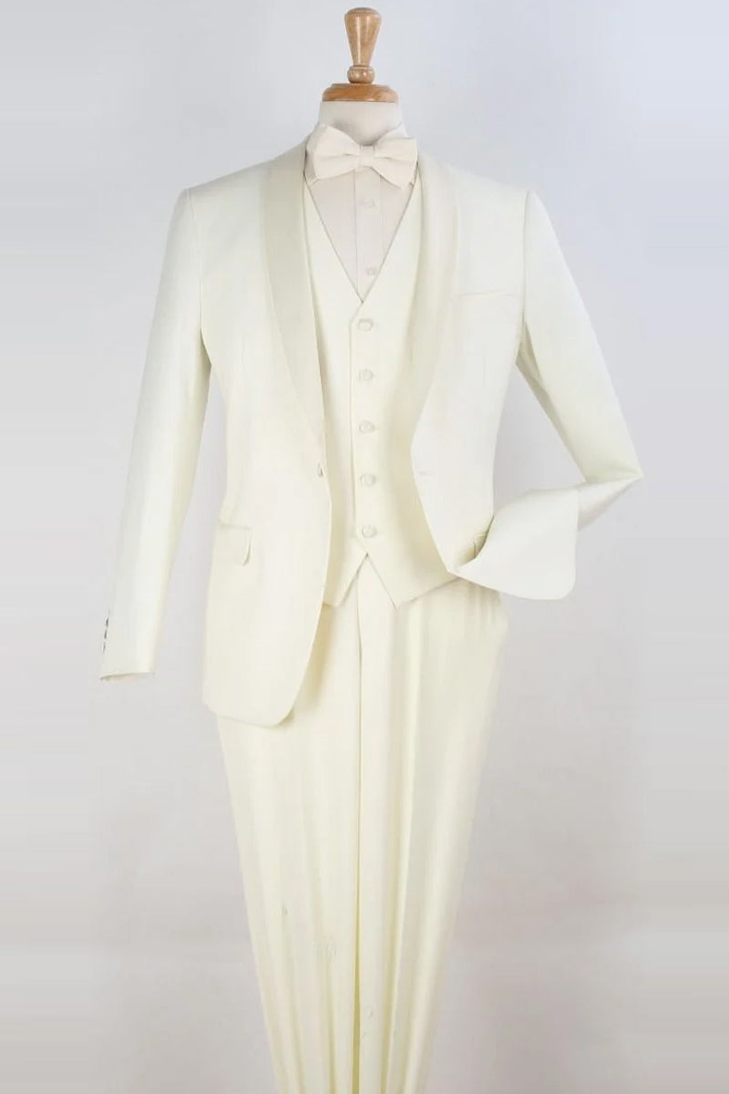"Ivory Modern Fit Shawl Tuxedo - One Button Vested Mens Suit"