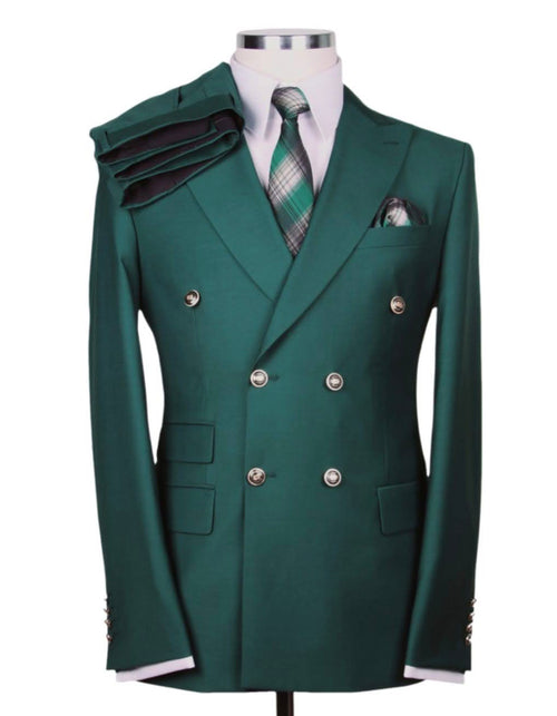 Mens Designer Modern Fit Double Breasted Suit with Gold Buttons in Hunter Green