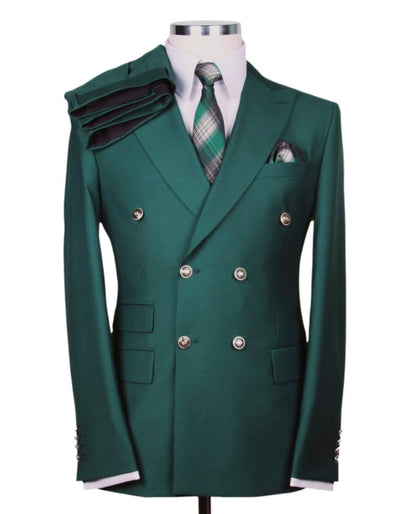 Mens Designer Modern Fit Double Breasted Suit with Gold Buttons in Hunter Green