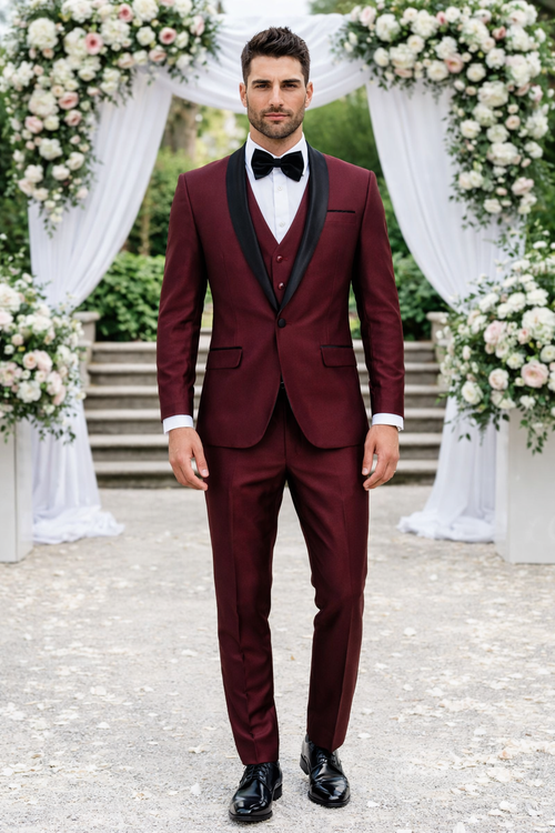 Mens Burgundy Shawl Lapel Tuxedo 3-Piece Versailles Collection