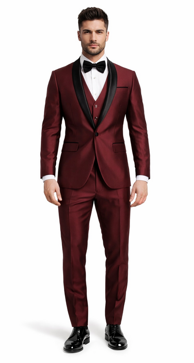 Mens Burgundy Shawl Lapel Tuxedo 3-Piece Versailles Collection