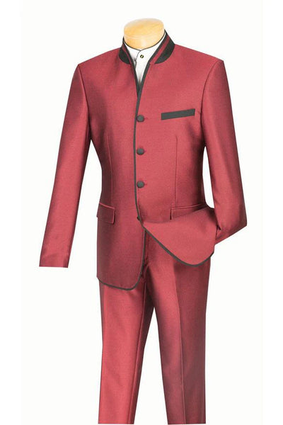 Mens Burgundy Sharkskin Mandarin Collar Tuxedo - 2 Piece Slim Fit Luxury Set