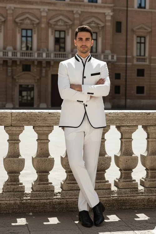 Mens White Sharkskin Mandarin Collar Tuxedo - 2 Piece Slim Fit Luxury Set