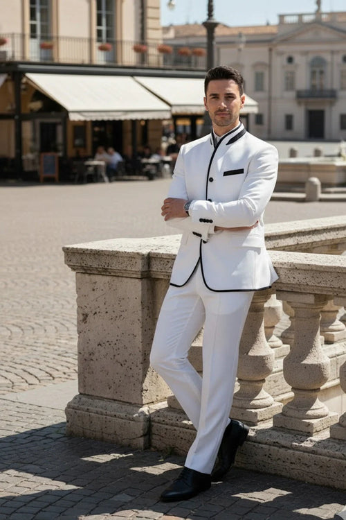 Mens White Sharkskin Mandarin Collar Tuxedo - 2 Piece Slim Fit Luxury Set