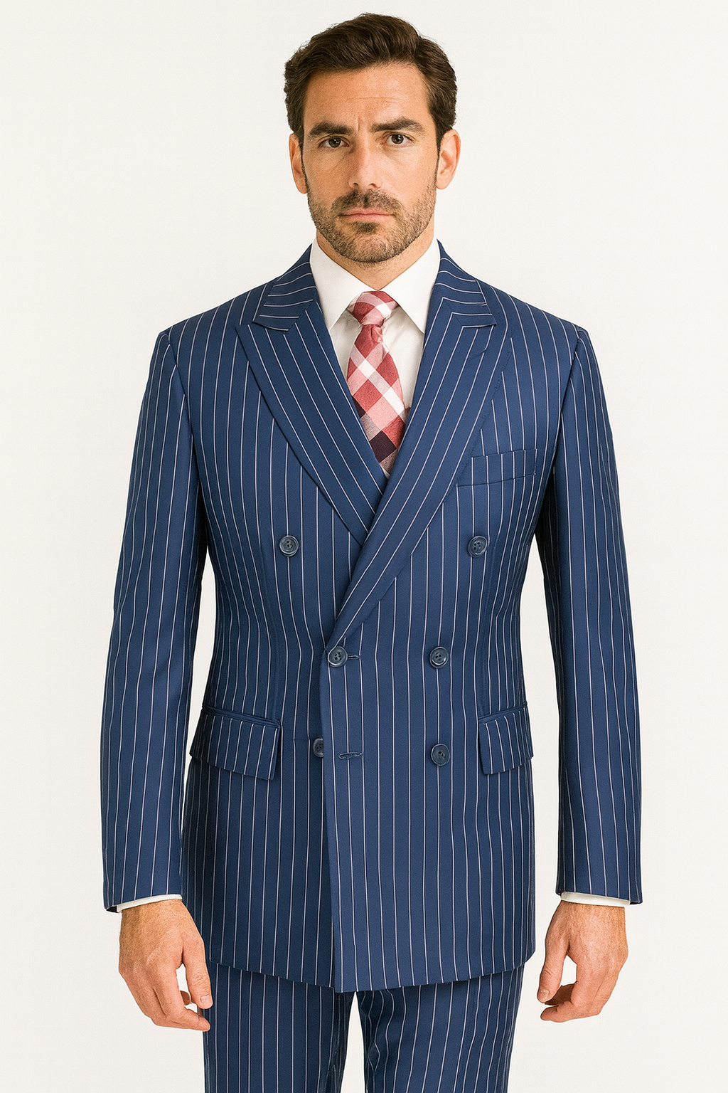 Vinci Men's 2 Piece Banker Pinstripe Double Breasted purple Suit Outlet - 38 Short Jacket+32 Waist Adjustable 28to34)(Height: 5 4 to5 7 )(Neck 15-16.5)S-M)