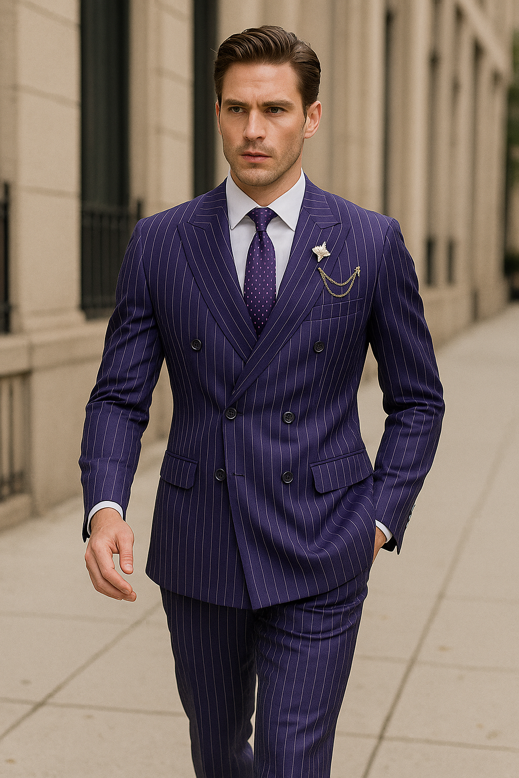 Vinci Men's 2 Piece Banker Pinstripe Double Breasted purple Suit Outlet - 38 Short Jacket+32 Waist Adjustable 28to34)(Height: 5 4 to5 7 )(Neck 15-16.5)S-M)