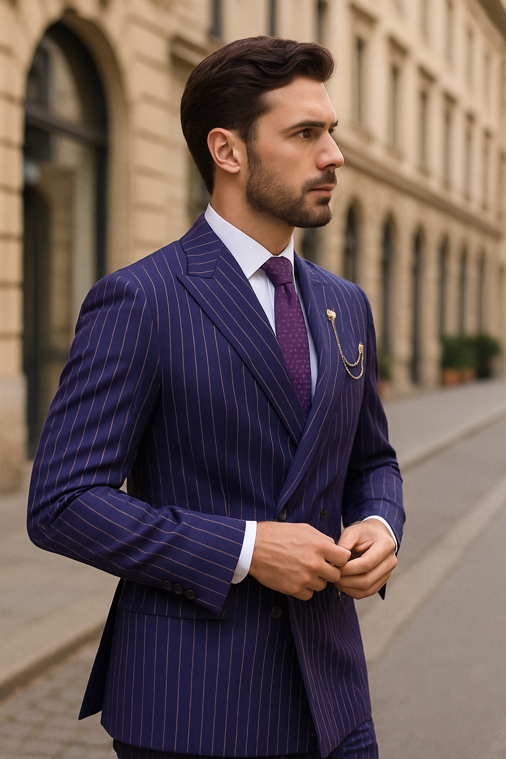 Vinci Men's 2 Piece Banker Pinstripe Double Breasted purple Suit Outlet - 38 Short Jacket+32 Waist Adjustable 28to34)(Height: 5 4 to5 7 )(Neck 15-16.5)S-M)