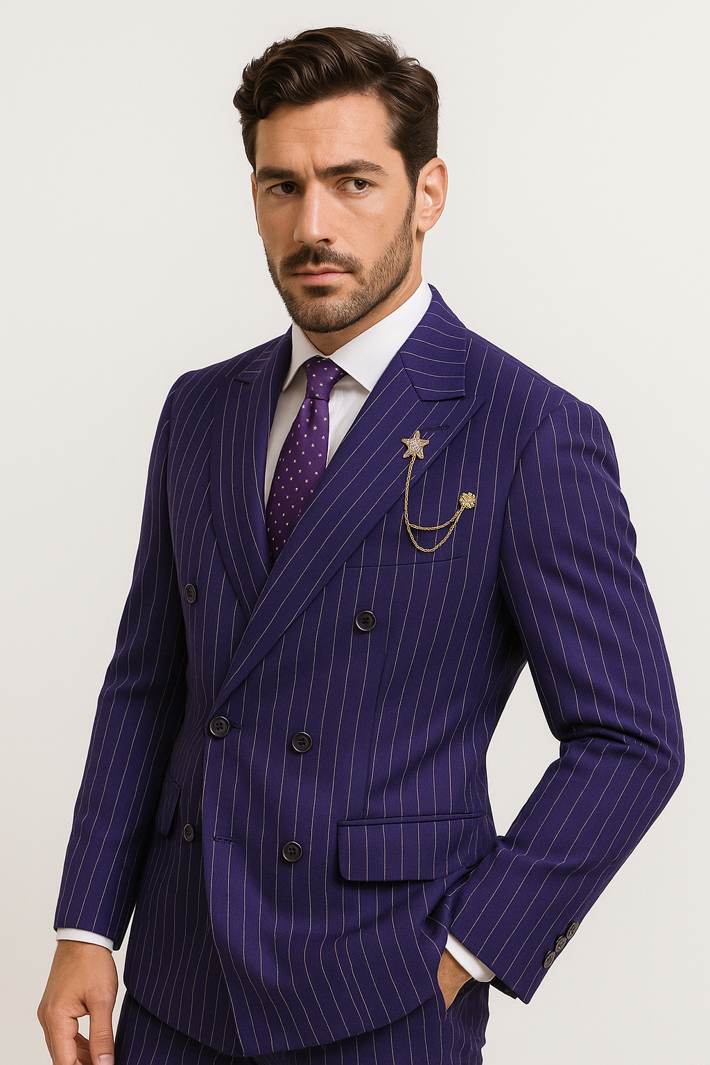 Vinci Men's 2 Piece Banker Pinstripe Double Breasted purple Suit Outlet - 38 Short Jacket+32 Waist Adjustable 28to34)(Height: 5 4 to5 7 )(Neck 15-16.5)S-M)