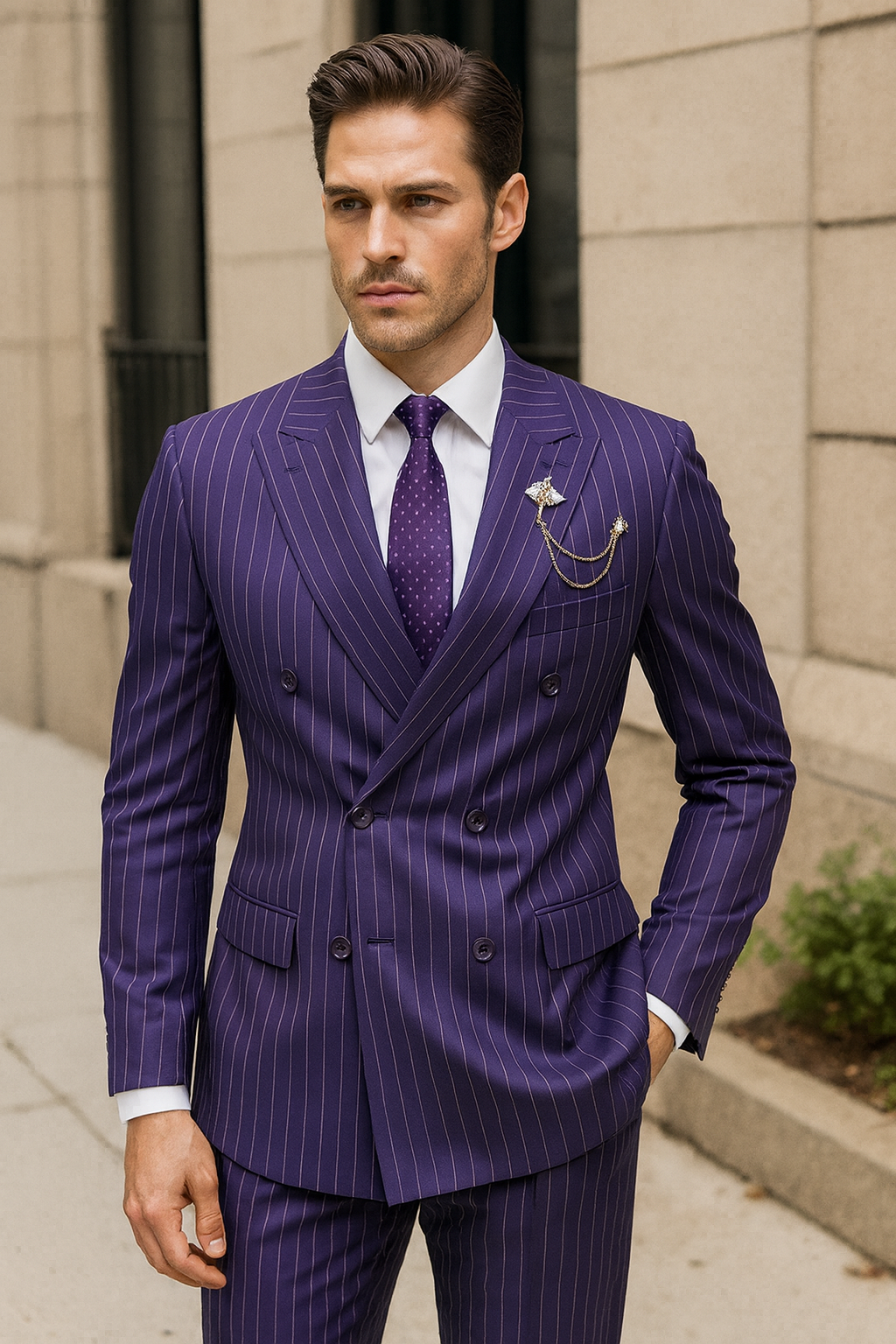 Vinci Men's 2 Piece Banker Pinstripe Double Breasted purple Suit Outlet - 38 Short Jacket+32 Waist Adjustable 28to34)(Height: 5 4 to5 7 )(Neck 15-16.5)S-M)