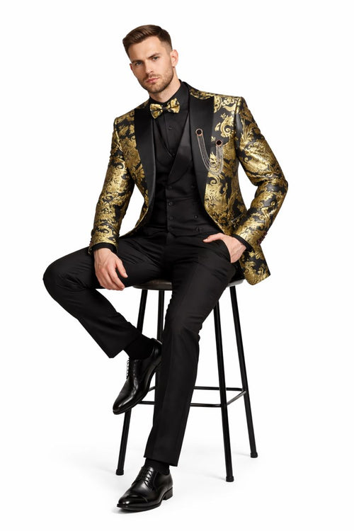 Vinci Mens Black and Gold Modern Fit 3pc Tuxedo Suit-New Designer Collection