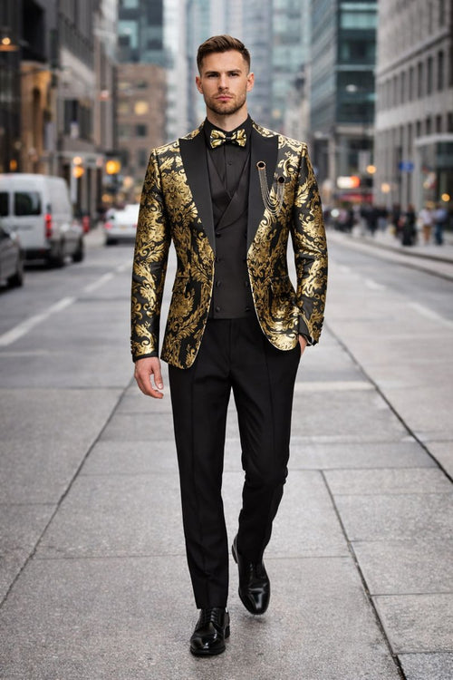 Vinci Mens Black and Gold Modern Fit 3pc Tuxedo Suit-New Designer Collection