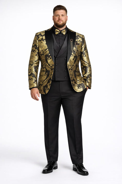 Vinci Mens Black and Gold Modern Fit 3pc Tuxedo Suit-New Designer Collection