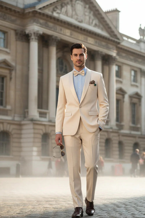 Spectrum Champagne Shawl Lapel Tuxedo – 3-Piece One Button Elegant Formal Suit