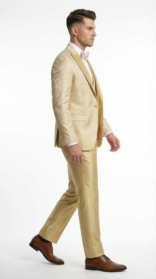Vitali Mens Yellow Gold Designer Tuxedo Suit Set – Luxury Wedding Prom Formal Tuxedo with Vest Bow Tie in Champaign Color