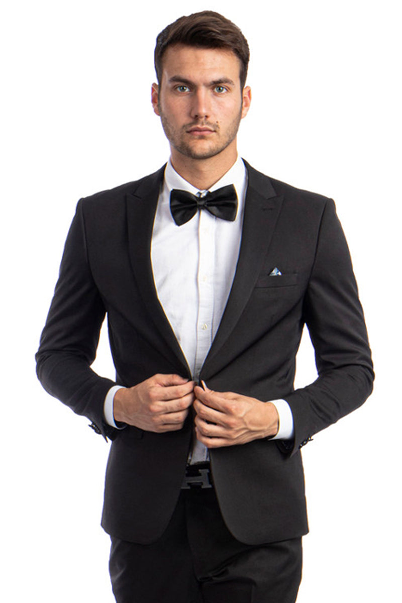 "Black Slim Fit Suit for Men - One Button Peak Lapel Basic" - 34 Short