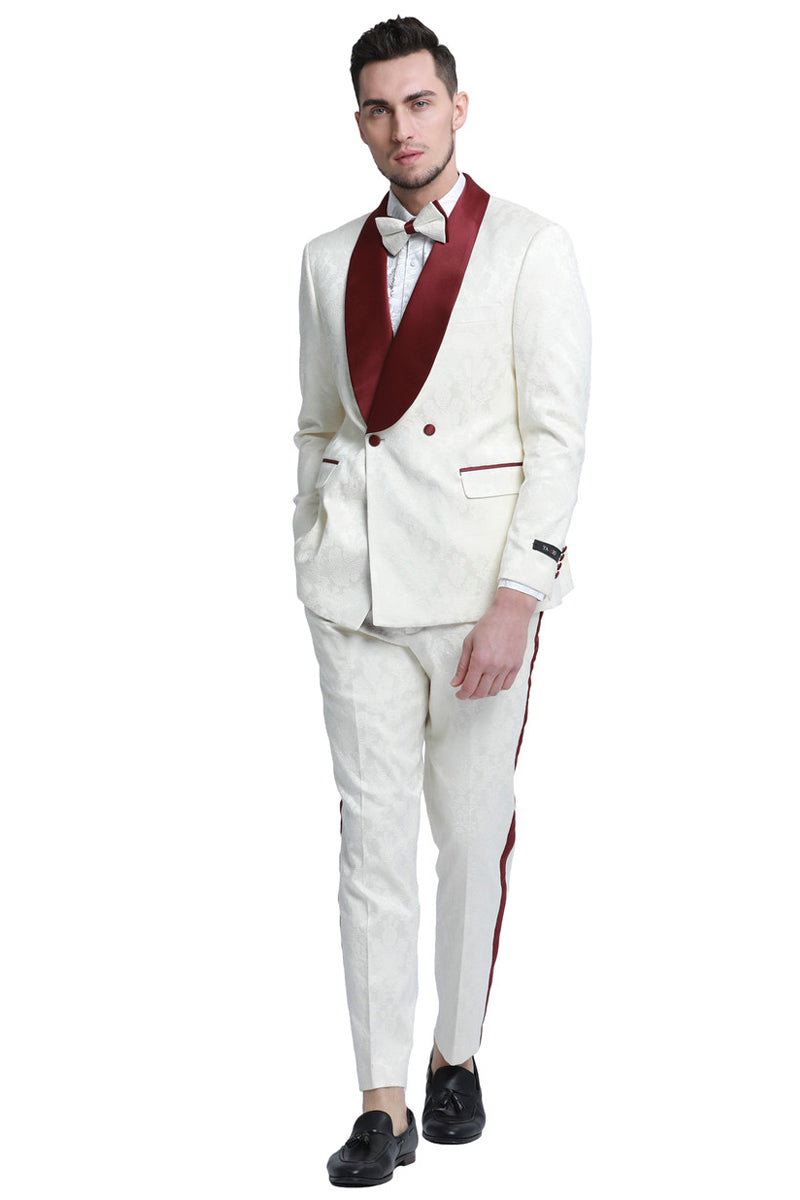 "Burgundy & Ivory Men's Slim Fit Paisley Tuxedo - Double Breasted Smoking Jacket"