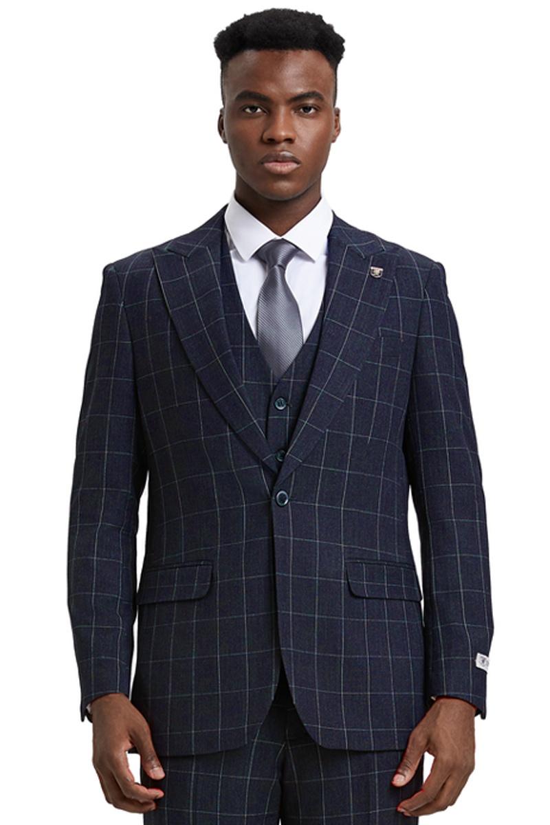 Men's Stacy Adams Vest Classic Bold Windowpane Suit in Navy Blue - 38 Regular