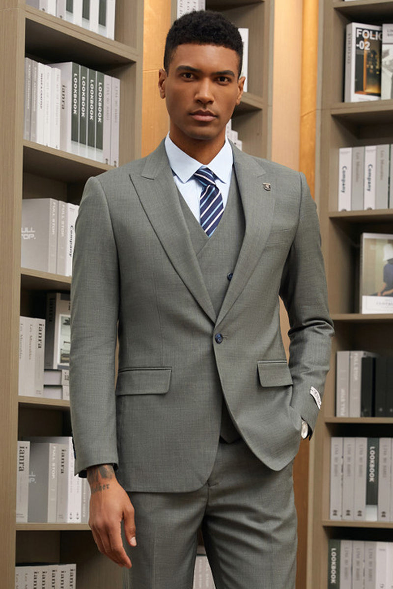 " Mens Stacy Adams Suit - Stacy Adams Suit Men's Designer Suit - Vested One Button Peak Lapel in Dark Green" - 34 Short