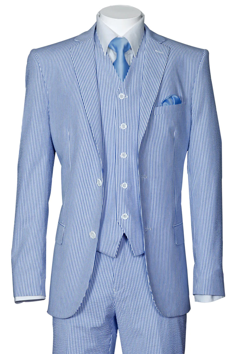 "Blue Seersucker Suit for Men - 2 Button Vested Summer Style"