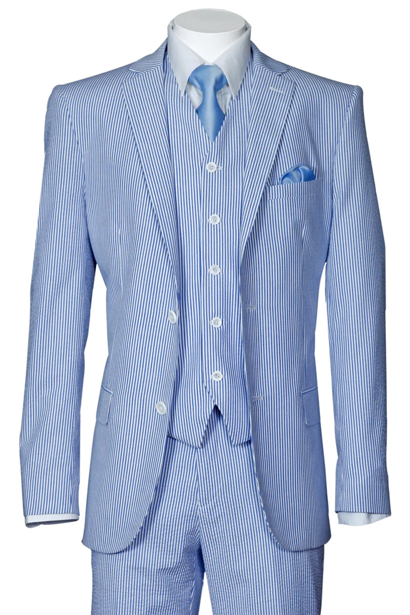 "Blue Seersucker Suit for Men - 2 Button Vested Summer Style" - 38 Long