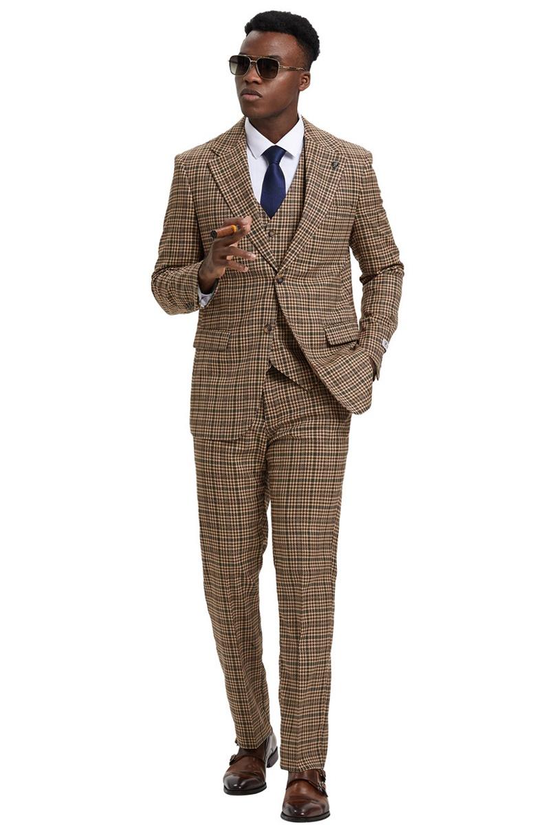 Men's Stacy Adams Vested Modern Fit Houndstooth Glen Plaid Suit in Camel & Green - 38 Regular