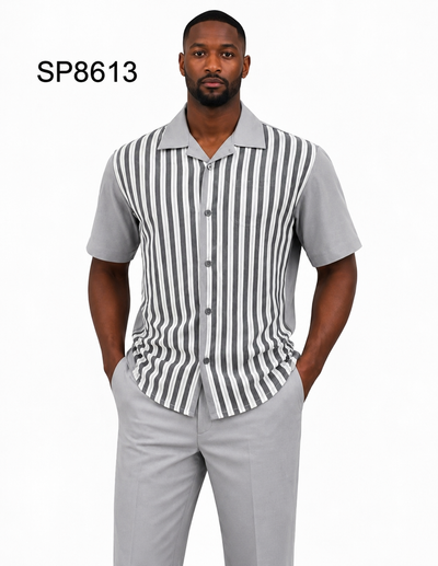 Men’s Light Gray Vertical Stripe Walking Suit Set – 2 Piece Short Sleeve Casual Outfit