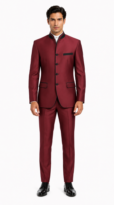 Wedding Groom Suit - Prom 2026 Tuxedo Suit - No Collar Weddig Tuxedo - Wine