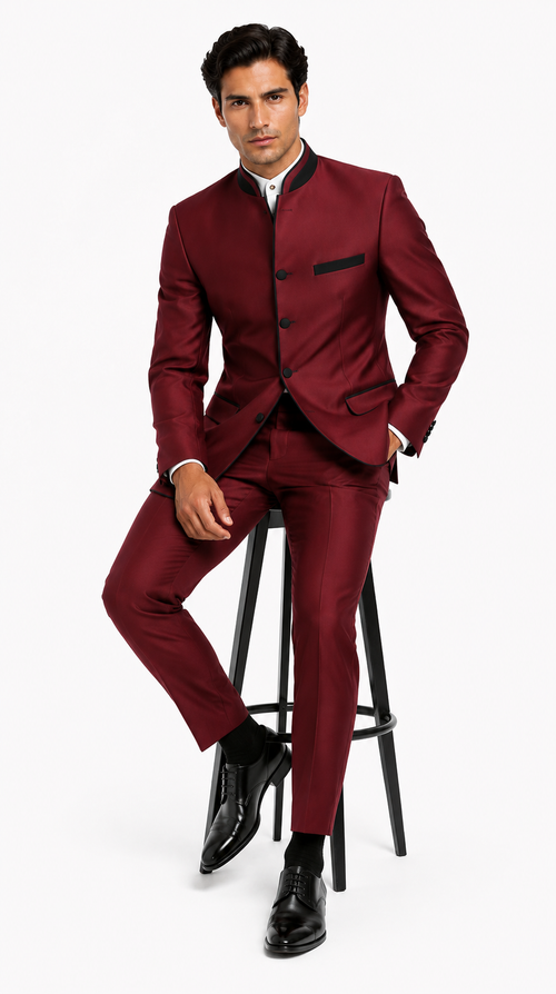 Wedding Groom Suit - Prom 2026 Tuxedo Suit - No Collar Weddig Tuxedo - Wine