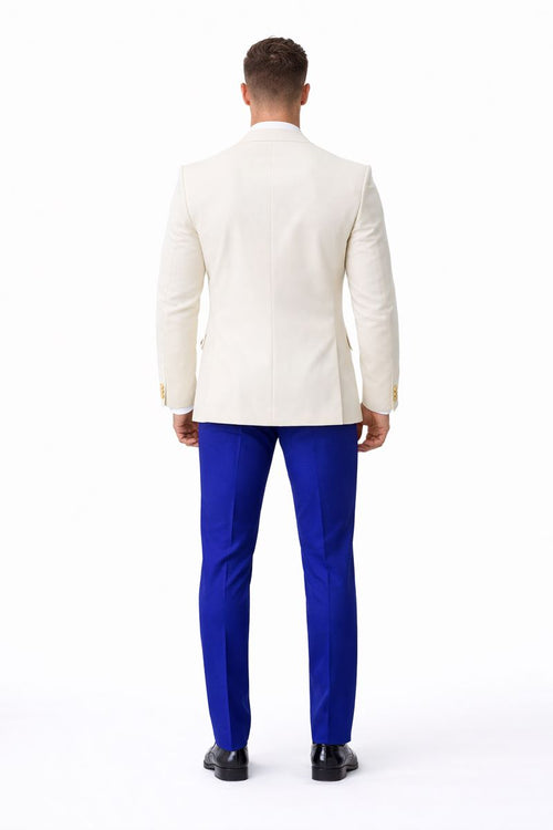 White and Royal Blue Tuxedo Wedding Suit - White Dinner Jacket + Vest + Pants + Bow-tie-New Designer Collection