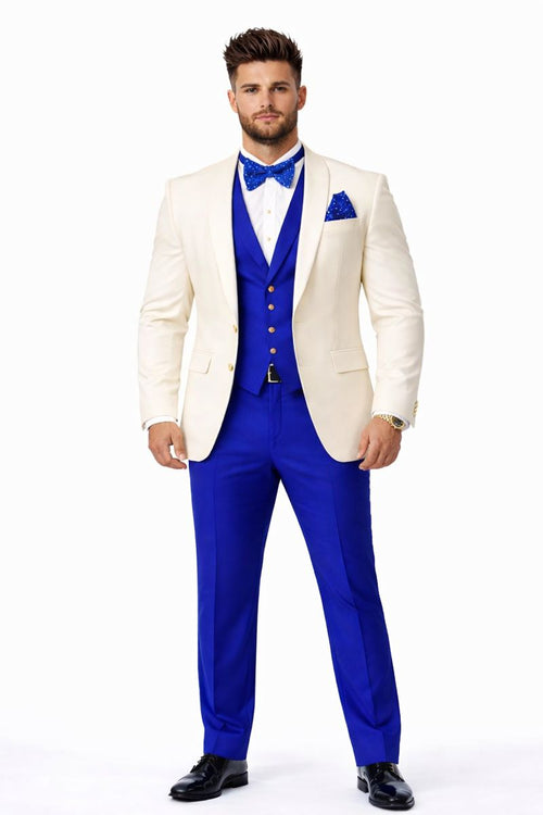 White and Royal Blue Tuxedo Wedding Suit - White Dinner Jacket + Vest + Pants + Bow-tie-New Designer Collection