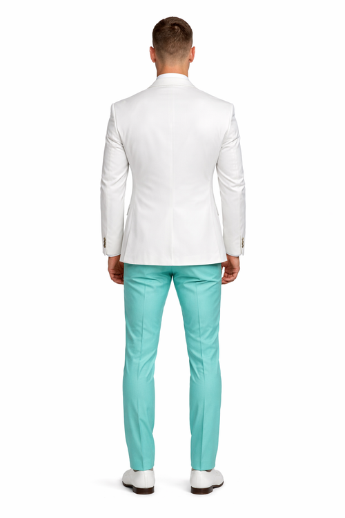 White and Turquoise Tuxedo Wedding Suit - White Dinner Jacket + Vest + Pants + Bow-tie-New Designer Collection