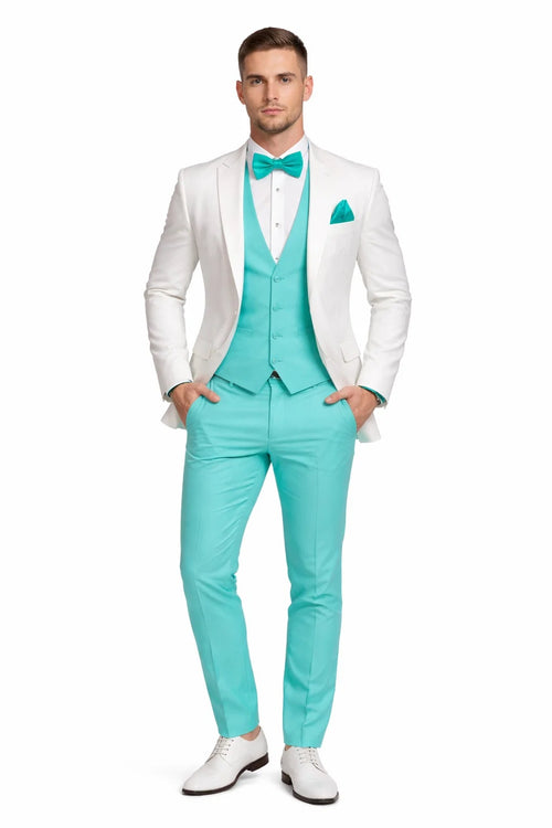 White and Turquoise Tuxedo Wedding Suit - White Dinner Jacket + Vest + Pants + Bow-tie-New Designer Collection