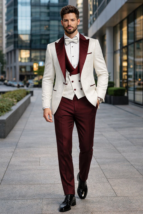 Men's Designer Vested Contrast Peak Lapel Wool Wedding & Prom Tuxedo in White Paisley & Burgundy