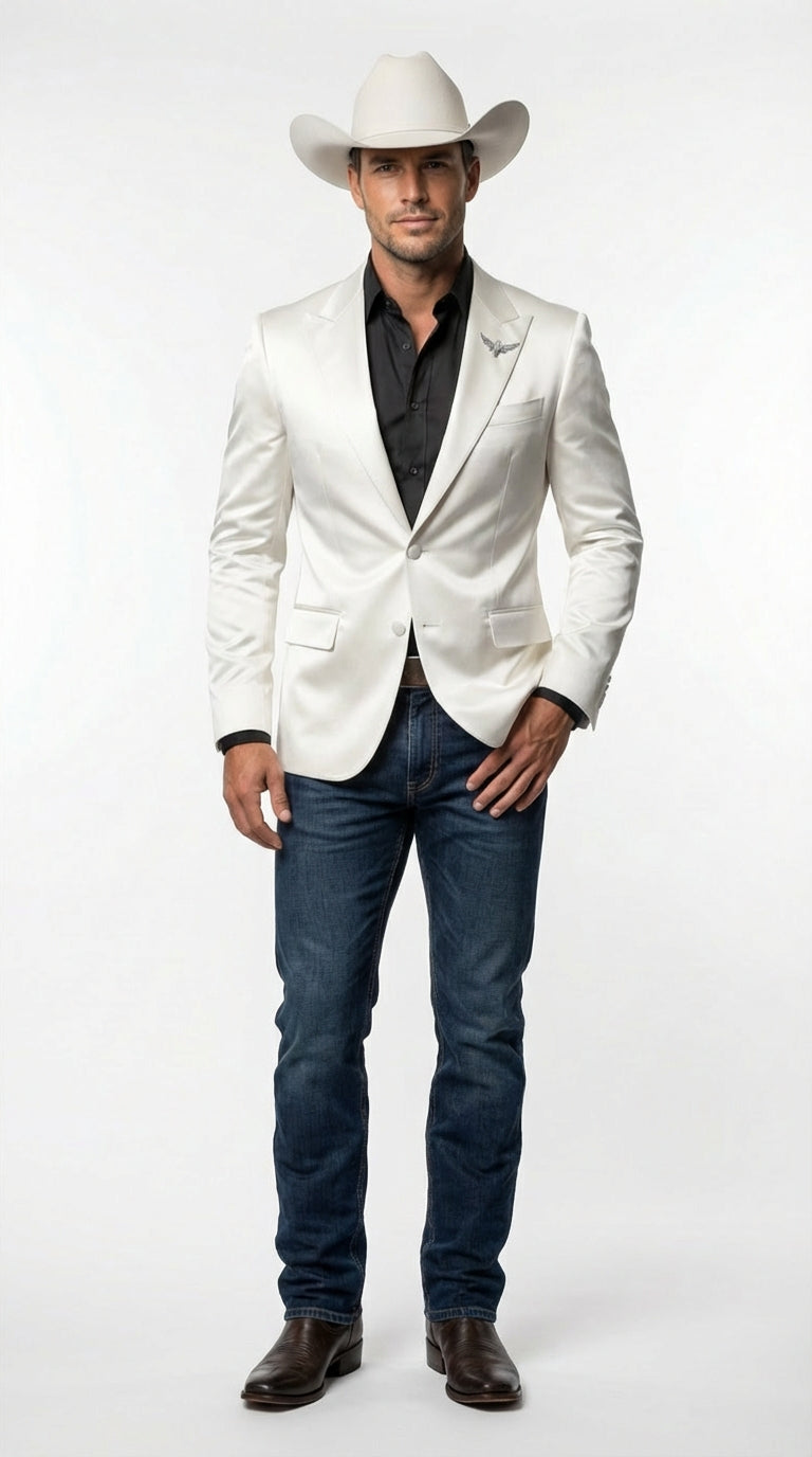 Mens Shiny White Cowboy Blazer Western Style Satin Finish Blazer for Party, Country Events and Evening Wear