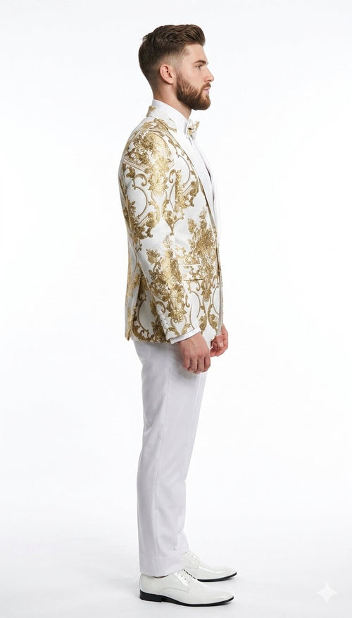 Mens White and Gold Floral Tuxedo Jacket with Satin Lapel Luxury Prom, Wedding, and Formal Dinner Blazer