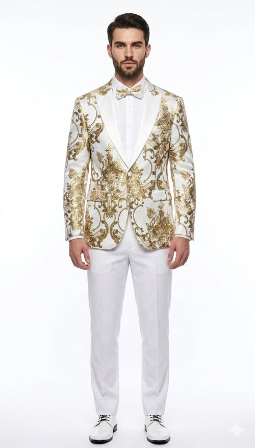 Mens White and Gold Floral Tuxedo Jacket with Satin Lapel Luxury Prom, Wedding, and Formal Dinner Blazer