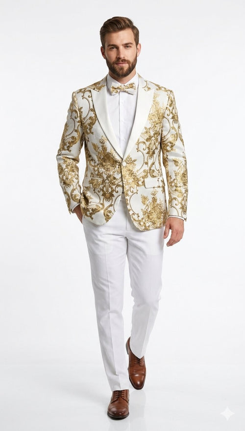 Mens White and Gold Floral Tuxedo Jacket with Satin Lapel Luxury Prom, Wedding, and Formal Dinner Blazer