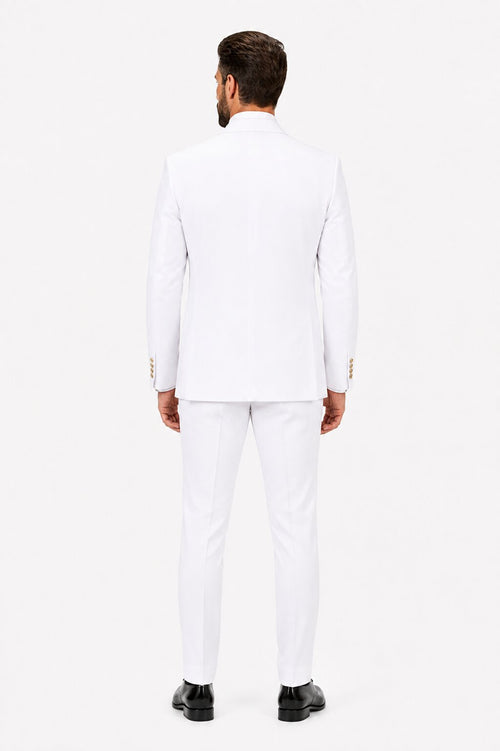 Men's White Statement Ticket Pocket Peak Lapel Wool Double Breasted Vest Suit with Gold Buttons – Modern Fit