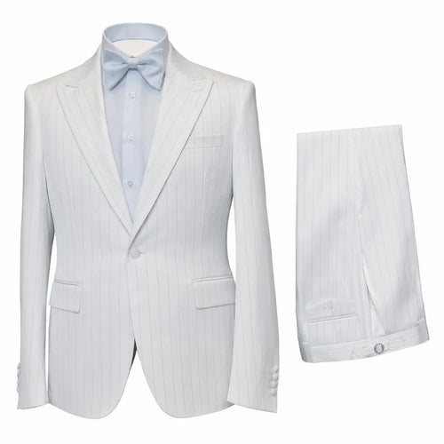Mens Satin-Finish Pinstripe - Shiny Metallic Stripe Peak Lapel in Color White - Modern Fit By Rossiman