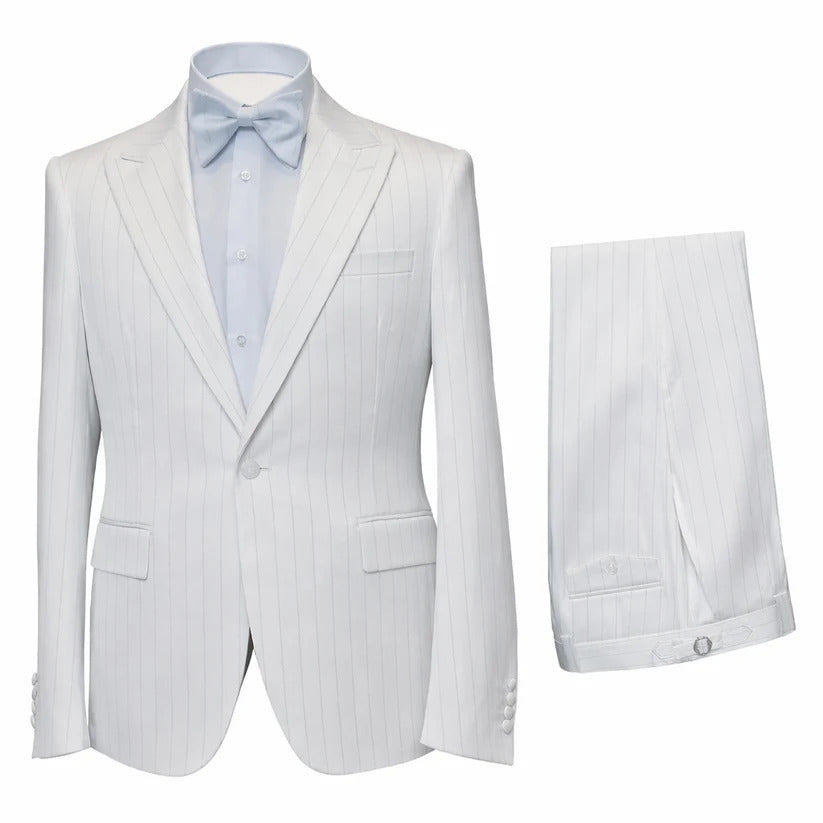 Mens Satin-Finish Pinstripe - Shiny Metallic Stripe Peak Lapel in Color White - Modern Fit By Rossiman