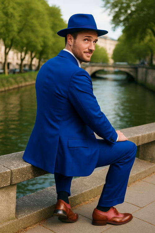 Wide Leg Pleated Pants Pants - 100% Wool Suit - Double Breasted Vest Peak Lapel - Classic Fit Suit - Vested Suit - Royal - New Arrival
