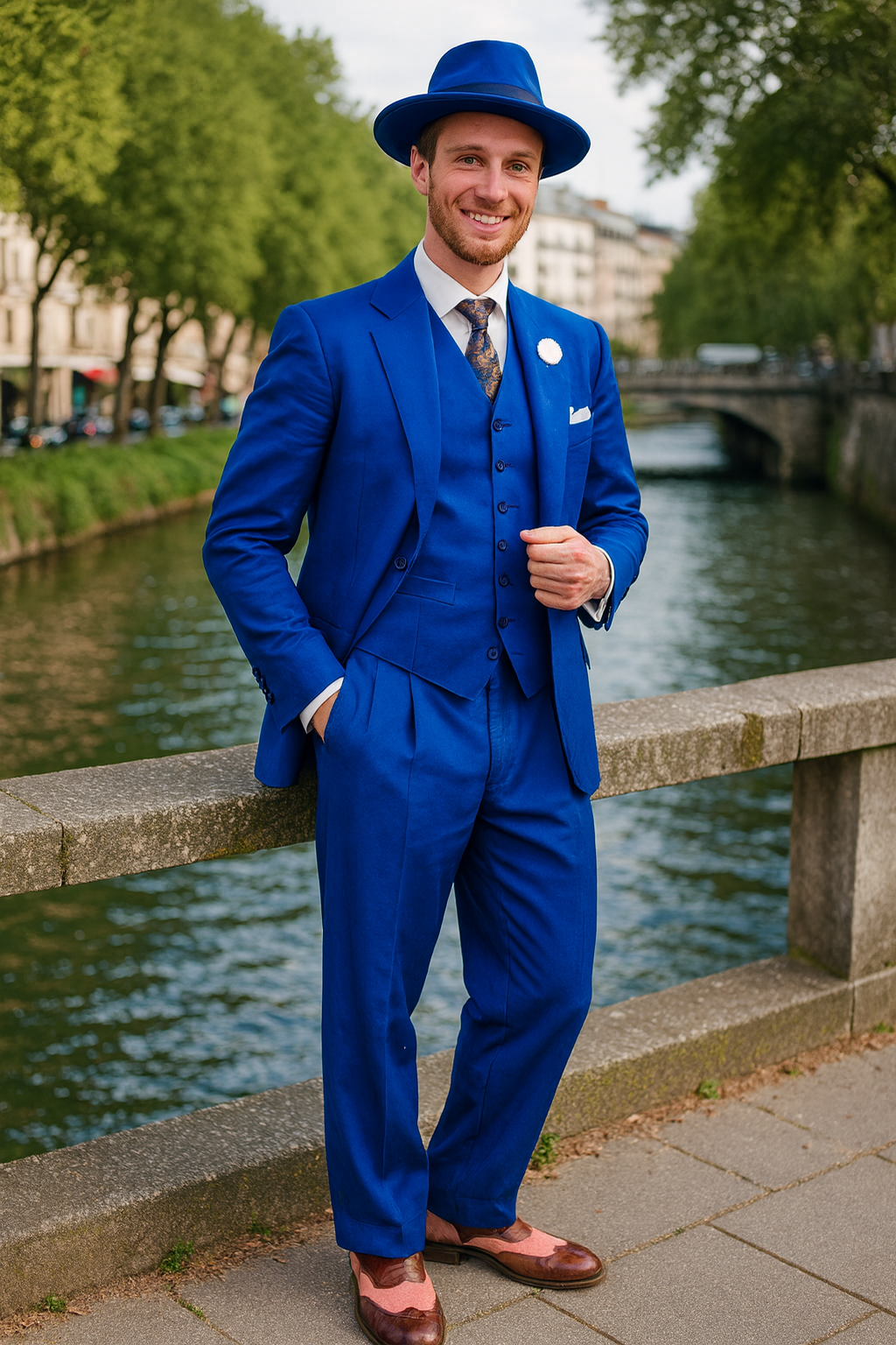 Wide Leg Pleated Pants Pants - 100% Wool Suit - Double Breasted Vest Peak Lapel - Classic Fit Suit - Vested Suit - Royal - New Arrival - 38 Short Jacket+32 Waist Adjustable 28to34)(Height: 5 4 to5 7 )(Neck 15-16.5)S-M)