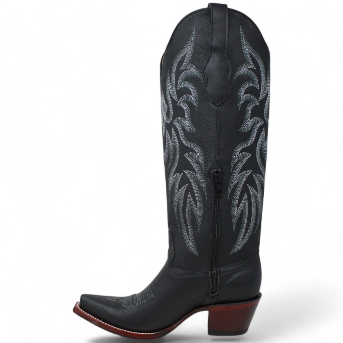Women's Wild West Snip Toe Leather Boots with Zipper - Black - 5