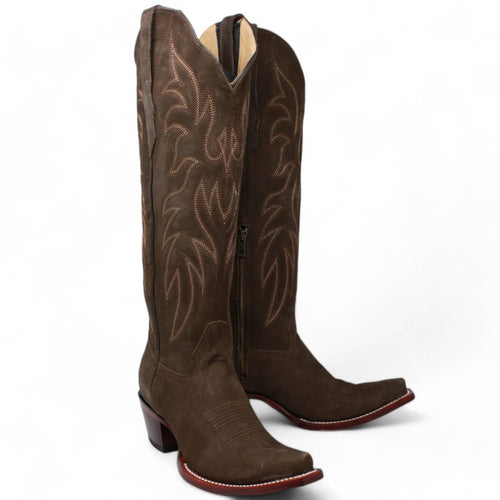Women's Wild West Snip Toe Suede Leather Boots with Zipper - Chocolate
